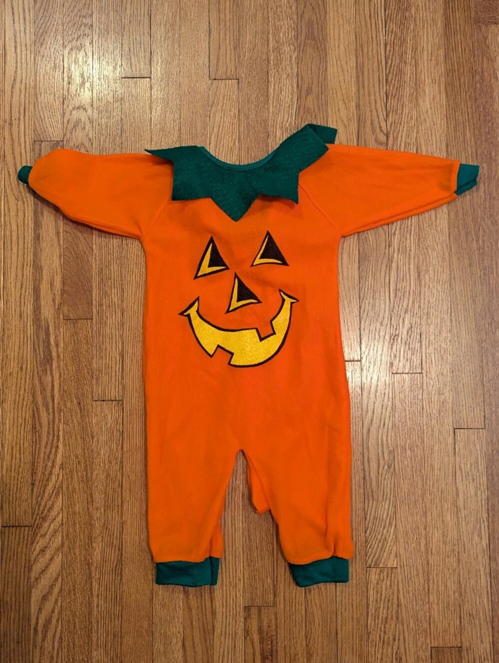 VINTAGE 80s Kids Pumpkin One-Piece Costume with Green Trim